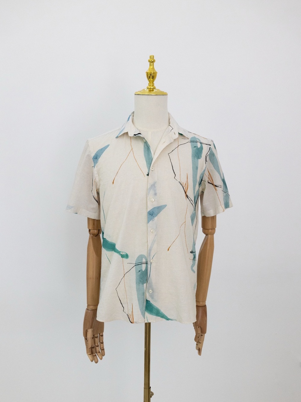 Zara Short-Sleeve Button-Down Shirt in Cream with Teal Accents